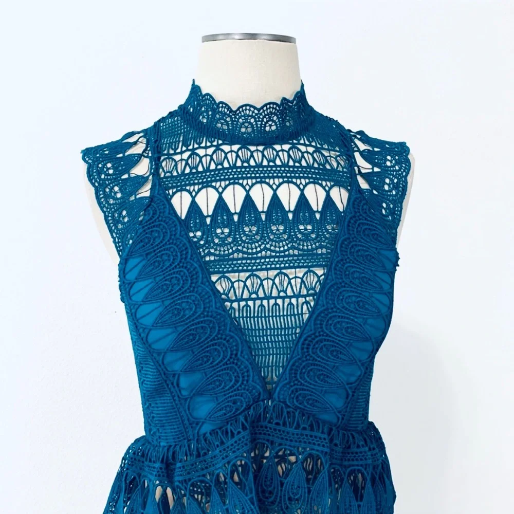 Self-Portrait Teardrop Guipure Tiered Lace Turquoise Teal BOHO Embroidery Dress - Picture 13 of 16